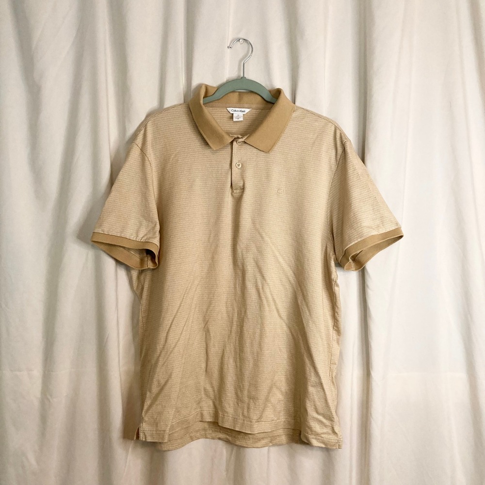 Calvin Klein Tan Textured Short Sleeve Polo Shirt CK Logo Large Netural Preppy